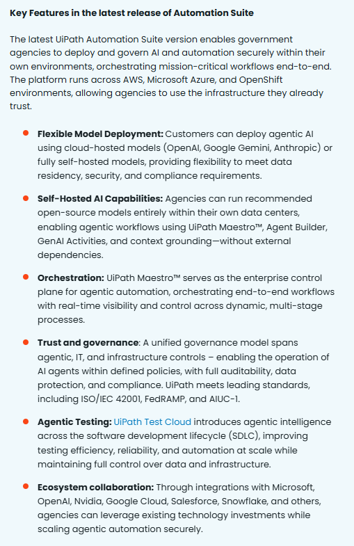 UiPath Automation Suite feature list for government agencies, covering flexible model deployment, self-hosted AI capabilities, Maestro orchestration, trust and governance certifications including ISO/IEC 42001 and FedRAMP, agentic testing, and ecosystem collaboration.